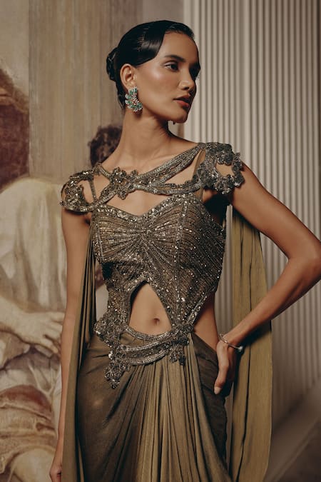 Buy_Adaara Couture_Olive Green Satin, Chiffon, Net Embellished Cut-out Gown With Draped Skirt _Online_at_Aza_Fashions