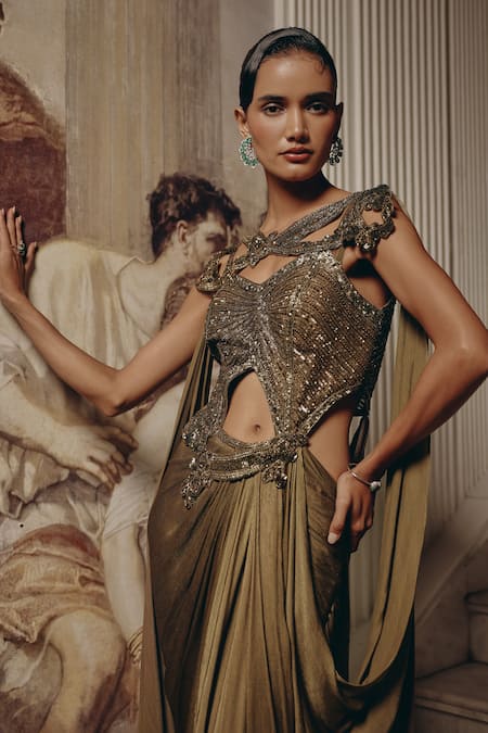 Adaara Couture_Olive Green Satin, Chiffon, Net Embellished Cut-out Gown With Draped Skirt _at_Aza_Fashions