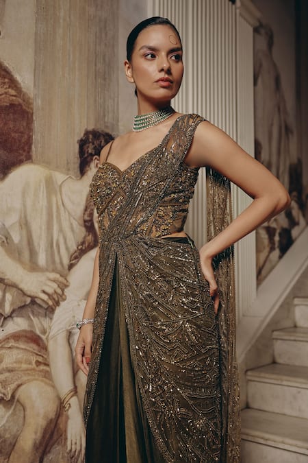 Buy_Adaara Couture_Olive Green Net, Satin, Chiffon Embellished Saree Gown With Cut-out Detail _Online_at_Aza_Fashions