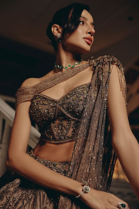 Adaara Couture_Olive Green Net, Satin Sequins, Beads, Embellished Blouse And Lehenga Set _Online_at_Aza_Fashions