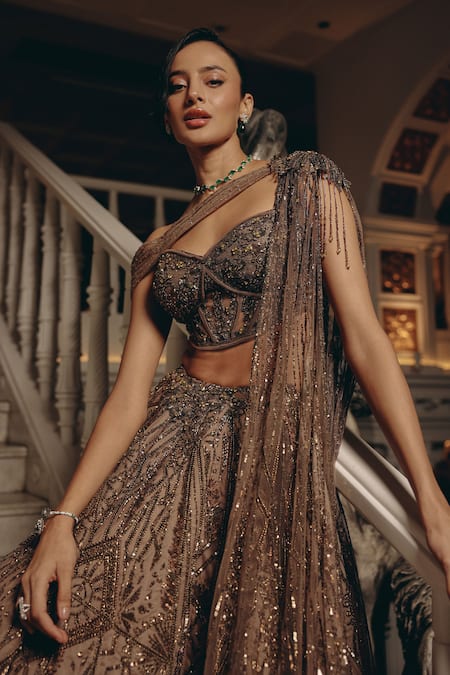 Buy_Adaara Couture_Olive Green Net, Satin Sequins, Beads, Embellished Blouse And Lehenga Set _Online_at_Aza_Fashions