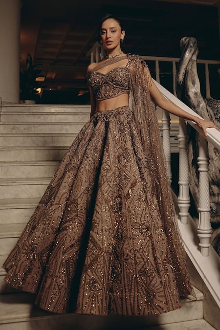 Shop_Adaara Couture_Olive Green Net, Satin Sequins, Beads, Embellished Blouse And Lehenga Set _Online_at_Aza_Fashions