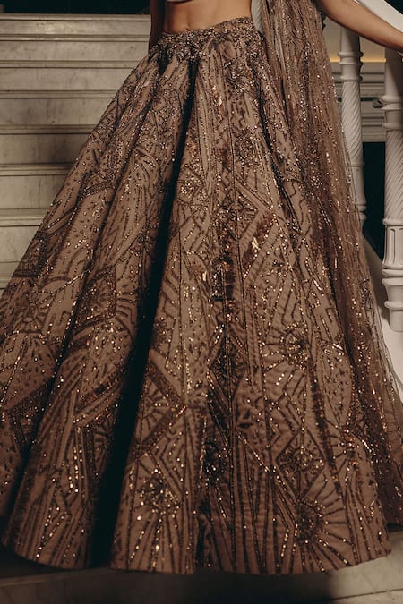 Adaara Couture_Olive Green Net, Satin Sequins, Beads, Embellished Blouse And Lehenga Set _at_Aza_Fashions