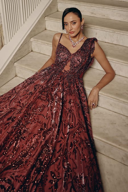 Adaara Couture_Wine Net, Satin, Crepe Sequins, Embroidery Sweetheart Cut-out Gown With Cancan _Online_at_Aza_Fashions