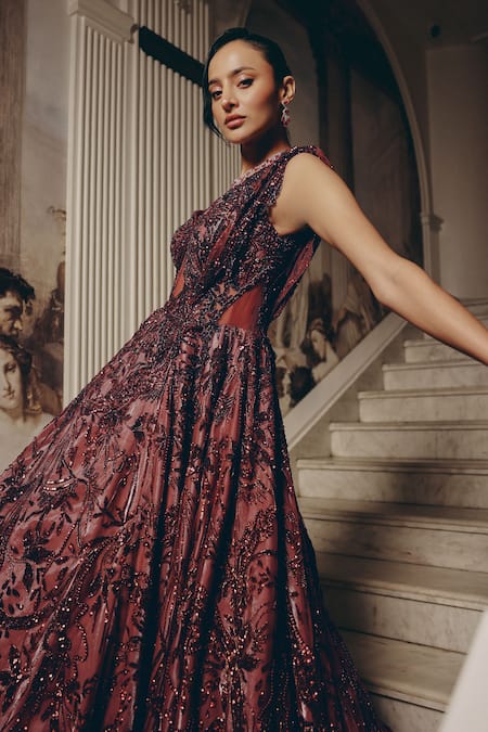Buy_Adaara Couture_Wine Net, Satin, Crepe Sequins, Embroidery Sweetheart Cut-out Gown With Cancan _Online_at_Aza_Fashions