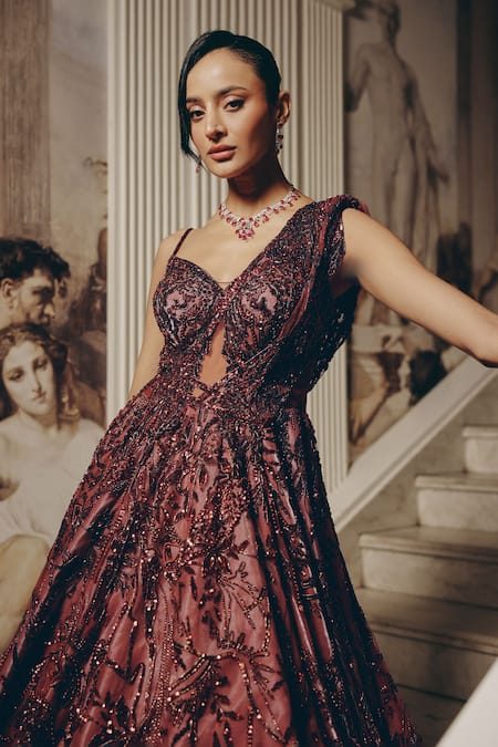 Shop_Adaara Couture_Wine Net, Satin, Crepe Sequins, Embroidery Sweetheart Cut-out Gown With Cancan _Online_at_Aza_Fashions