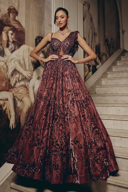 Adaara Couture_Wine Net, Satin, Crepe Sequins, Embroidery Sweetheart Cut-out Gown With Cancan _at_Aza_Fashions