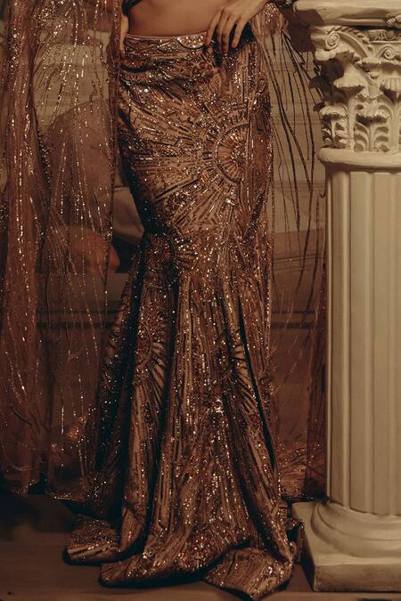 Adaara Couture_Yellow Net, Satin Sequins, Beads, Embellished Cape Blouse And Lehenga Set _Online_at_Aza_Fashions