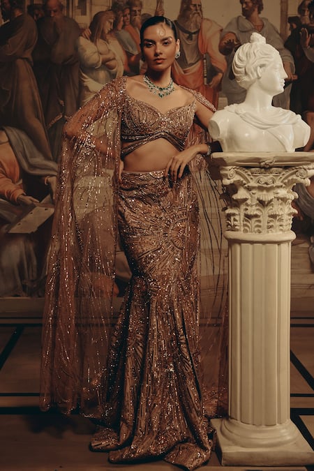 Buy_Adaara Couture_Yellow Net, Satin Sequins, Beads, Embellished Cape Blouse And Lehenga Set _Online_at_Aza_Fashions