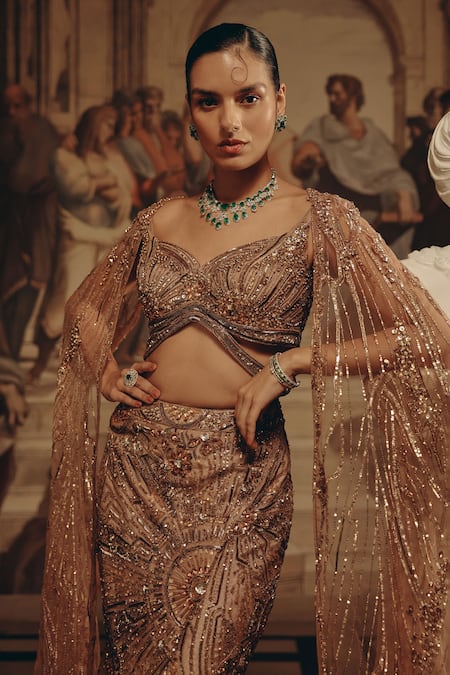 Shop_Adaara Couture_Yellow Net, Satin Sequins, Beads, Embellished Cape Blouse And Lehenga Set _Online_at_Aza_Fashions