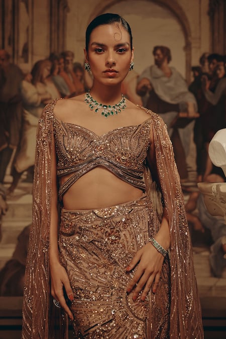 Adaara Couture_Yellow Net, Satin Sequins, Beads, Embellished Cape Blouse And Lehenga Set _at_Aza_Fashions