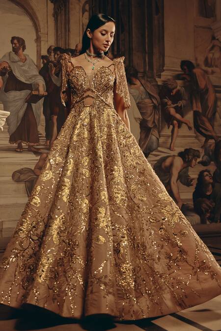 Adaara Couture_Gold Net, Satin Sequins, Stones Sweetheart Neck Embellished And Organza Gown _Online_at_Aza_Fashions