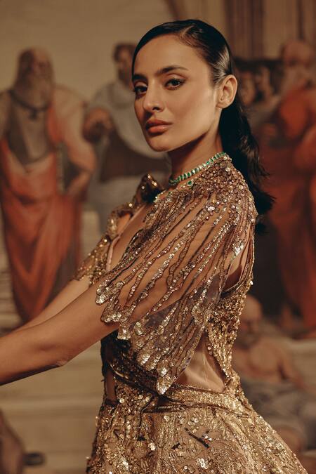 Buy_Adaara Couture_Gold Net, Satin Sequins, Stones Sweetheart Neck Embellished And Organza Gown _Online_at_Aza_Fashions