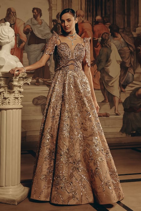 Adaara Couture_Gold Net, Satin Sequins, Stones Sweetheart Neck Embellished And Organza Gown _at_Aza_Fashions