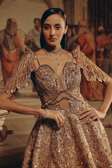 Buy_Adaara Couture_Gold Net, Satin Sequins, Stones Sweetheart Neck Embellished And Organza Gown 