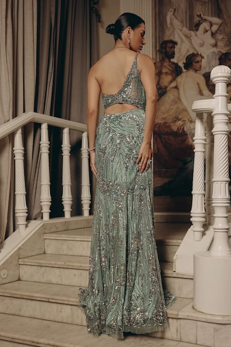 Adaara Couture One Shoulder Cut-Out Sequin & Bead Gown 