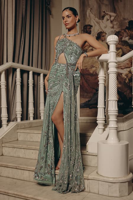 Buy_Adaara Couture_Green Net, Satin, Crepe Sequins, Beads, Metallic Thread One Cut-out And Gown _Online_at_Aza_Fashions