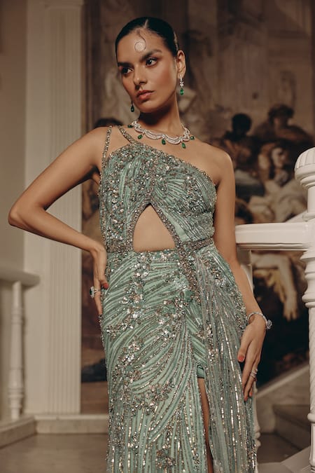 Shop_Adaara Couture_Green Net, Satin, Crepe Sequins, Beads, Metallic Thread One Cut-out And Gown _Online_at_Aza_Fashions