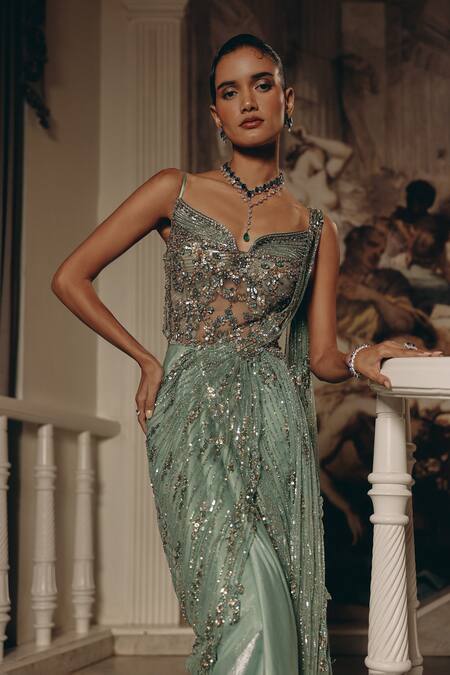 Adaara Couture_Mint Net, Satin, Crepe Sequins, Embroidery Sweetheart Neck Embellished And Gown _Online_at_Aza_Fashions