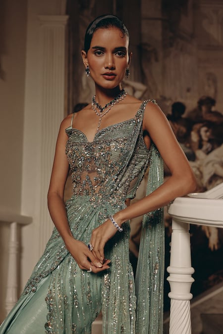 Shop_Adaara Couture_Mint Net, Satin, Crepe Sequins, Embroidery Sweetheart Neck Embellished And Gown _Online_at_Aza_Fashions