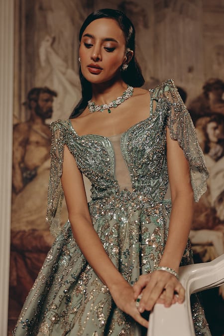 Adaara Couture_Green Net, Organza, Satin Sequins, Metallic Thread Embellished And Gown _Online_at_Aza_Fashions