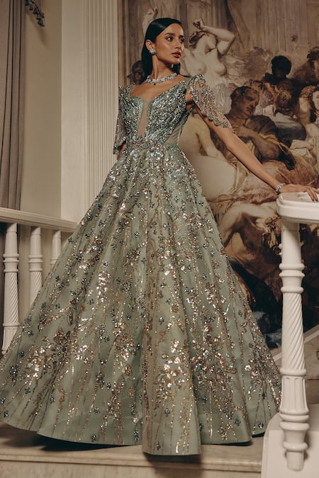 Buy_Adaara Couture_Green Net, Organza, Satin Sequins, Metallic Thread Embellished And Gown _Online_at_Aza_Fashions