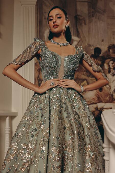 Shop_Adaara Couture_Green Net, Organza, Satin Sequins, Metallic Thread Embellished And Gown _Online_at_Aza_Fashions