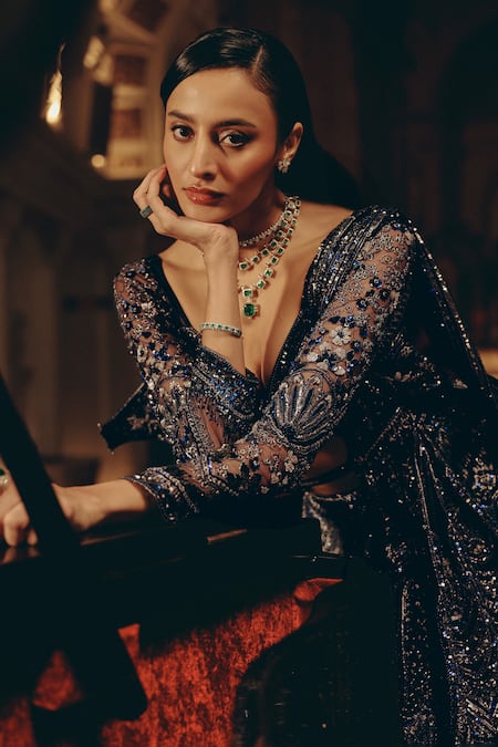 Adaara Couture_Blue Net, Satin Sequins, Embellished Lehenga Blouse Set With Belt And Dupatta _Online_at_Aza_Fashions