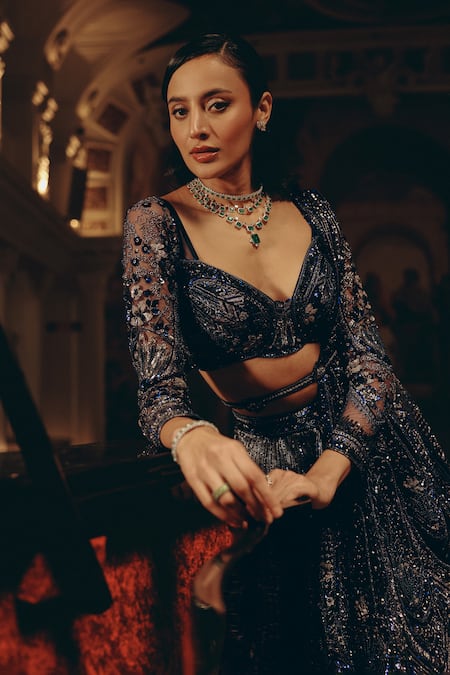 Buy_Adaara Couture_Blue Net, Satin Sequins, Embellished Lehenga Blouse Set With Belt And Dupatta _Online_at_Aza_Fashions