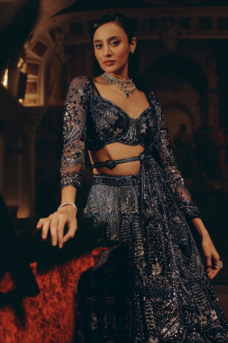 Shop_Adaara Couture_Blue Net, Satin Sequins, Embellished Lehenga Blouse Set With Belt And Dupatta _Online_at_Aza_Fashions