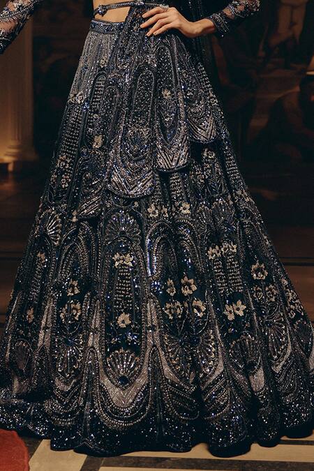 Adaara Couture_Blue Net, Satin Sequins, Embellished Lehenga Blouse Set With Belt And Dupatta _at_Aza_Fashions