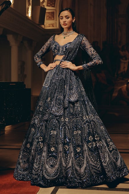 Buy_Adaara Couture_Blue Net, Satin Sequins, Embellished Lehenga Blouse Set With Belt And Dupatta 