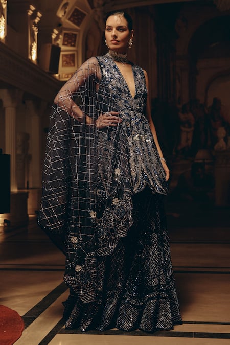 Buy_Adaara Couture_Navy Net, Silk, Satin Sequins, Embroidery Peplum Kurta And Tiered Sharara Set _Online_at_Aza_Fashions