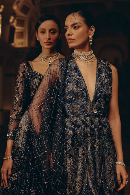 Shop_Adaara Couture_Navy Net, Silk, Satin Sequins, Embroidery Peplum Kurta And Tiered Sharara Set _Online_at_Aza_Fashions