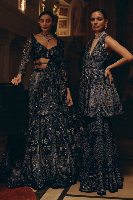 Adaara Couture_Navy Net, Silk, Satin Sequins, Embroidery Peplum Kurta And Tiered Sharara Set _at_Aza_Fashions