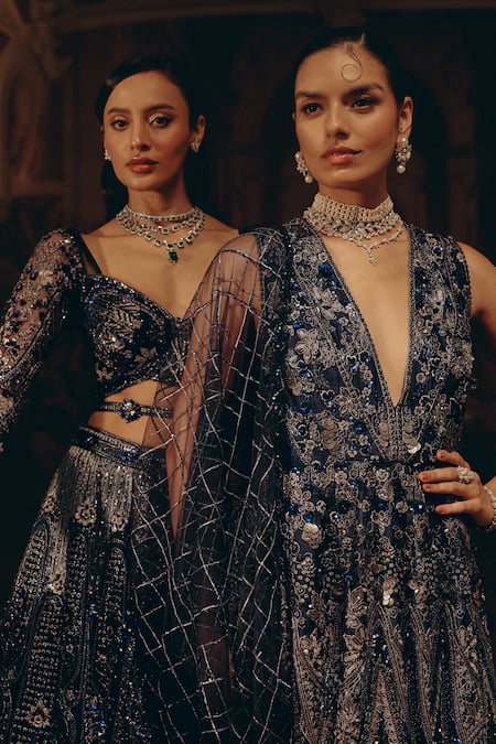 Buy_Adaara Couture_Navy Net, Silk, Satin Sequins, Embroidery Peplum Kurta And Tiered Sharara Set 