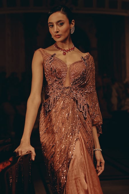 Adaara Couture_Blush Net, Satin, Organza Sequins, Embroidery Embellished And Saree Gown _Online_at_Aza_Fashions