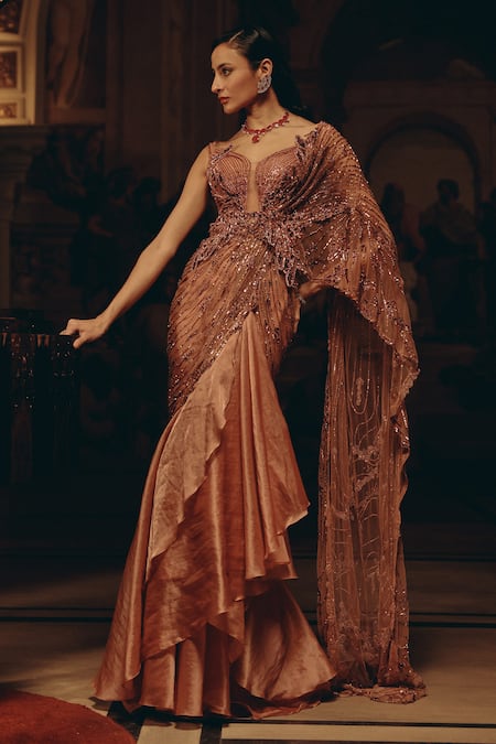 Buy_Adaara Couture_Blush Net, Satin, Organza Sequins, Embroidery Embellished And Saree Gown _Online_at_Aza_Fashions