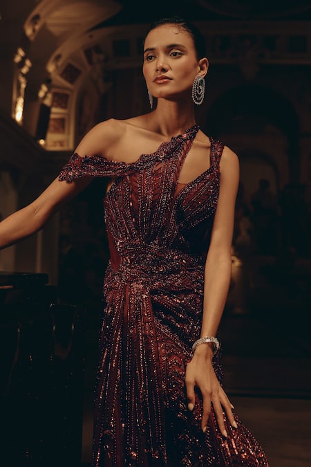 Adaara Couture_Burgundy Net, Silk, Satin Sequins, Beads, Embellished Gown With Detail _Online_at_Aza_Fashions