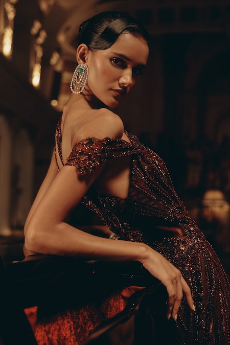 Buy_Adaara Couture_Burgundy Net, Silk, Satin Sequins, Beads, Embellished Gown With Detail _Online_at_Aza_Fashions
