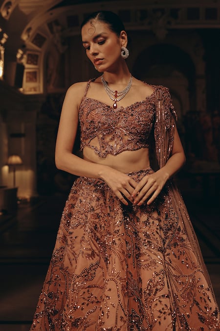 Adaara Couture_Blush Satin, Organza, Net Sequins, Embroidery, And Lehenga With Draped Blouse _Online_at_Aza_Fashions