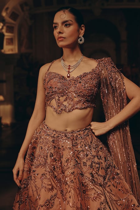 Shop_Adaara Couture_Blush Satin, Organza, Net Sequins, Embroidery, And Lehenga With Draped Blouse _Online_at_Aza_Fashions