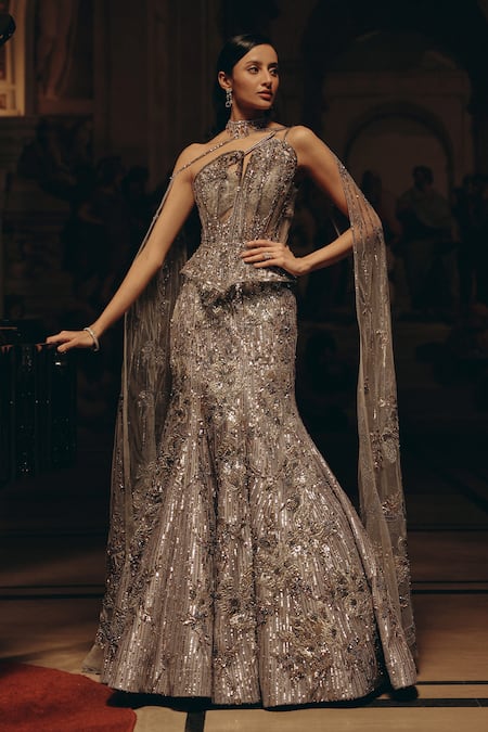 Adaara Couture Embroidered Draped Blouse & Lehenga Set 