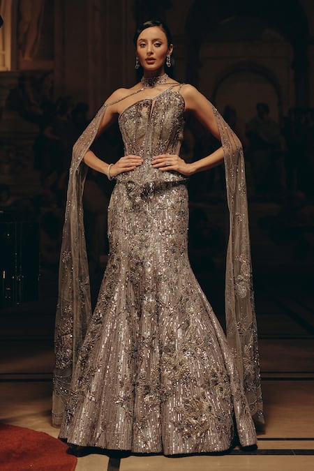 Shop_Adaara Couture_Silver Net, Bemberg, Satin Sequins, Beads, Draped Blouse And Lehenga Set _Online_at_Aza_Fashions