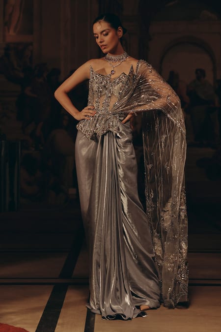 Adaara Couture_Silver Net, Satin, Crepe Sequins, Embroidery Embellished Corset Saree Gown _Online_at_Aza_Fashions