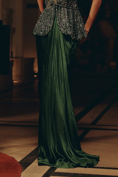 Adaara Couture_Emerald Green Net Sequins, Beads, Embellished Peplum Top And Pleated Skirt Set _Online_at_Aza_Fashions
