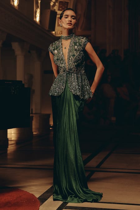 Buy_Adaara Couture_Emerald Green Net Sequins, Beads, Embellished Peplum Top And Pleated Skirt Set _Online_at_Aza_Fashions