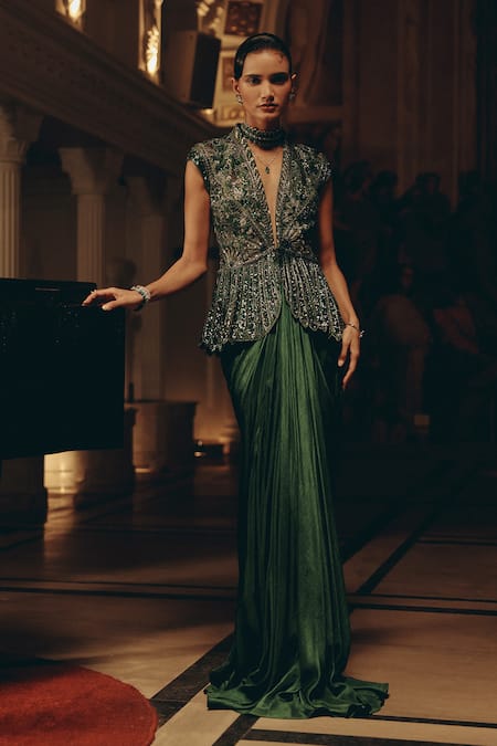 Adaara Couture Embellished Peplum Top & Pleated Skirt Set 