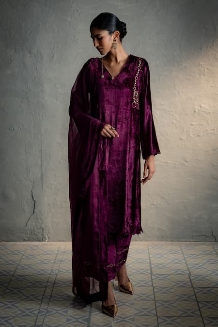 Charkhee Pink Velvet, Organza Embroidery V-neck Circular Kurta Palazzo Set 