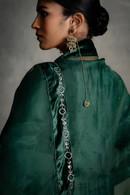 Charkhee Green Velvet, Organza Embroidery, Sequins, Metallic Circular Kurta Palazzo Set Online at Aza Fashions Charkhee_Green Velvet, Organza Embroidery, Sequins, Metallic Circular Kurta Palazzo Set _Online_at_Aza_Fashions